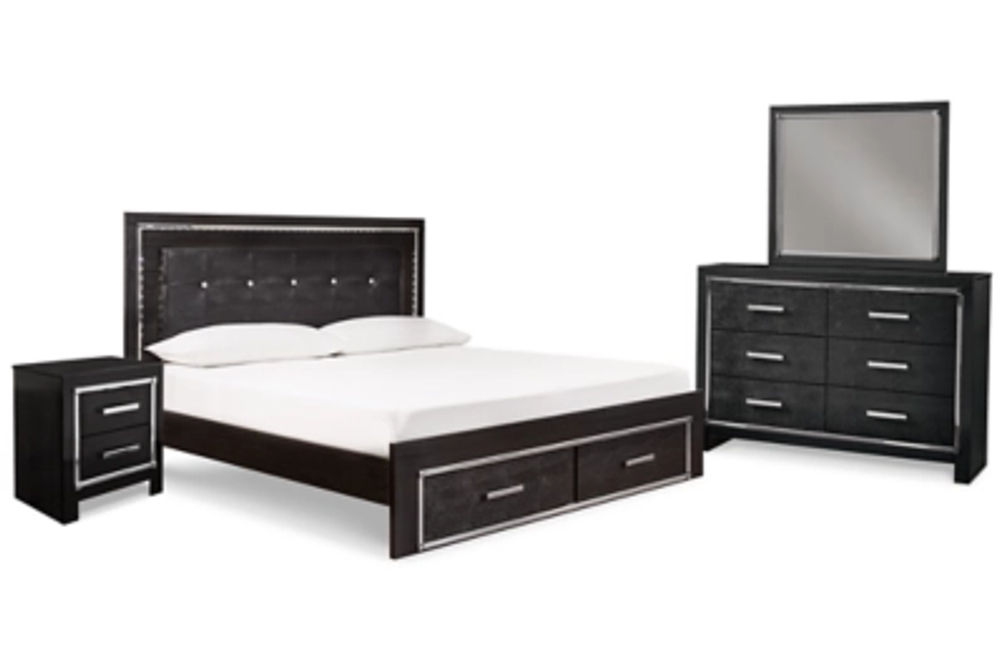 Kaydell King Upholstered Panel Bed, Dresser, Mirror and Nightstand-Black