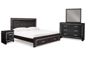 Kaydell King Upholstered Panel Bed, Dresser, Mirror and Nightstand-Black