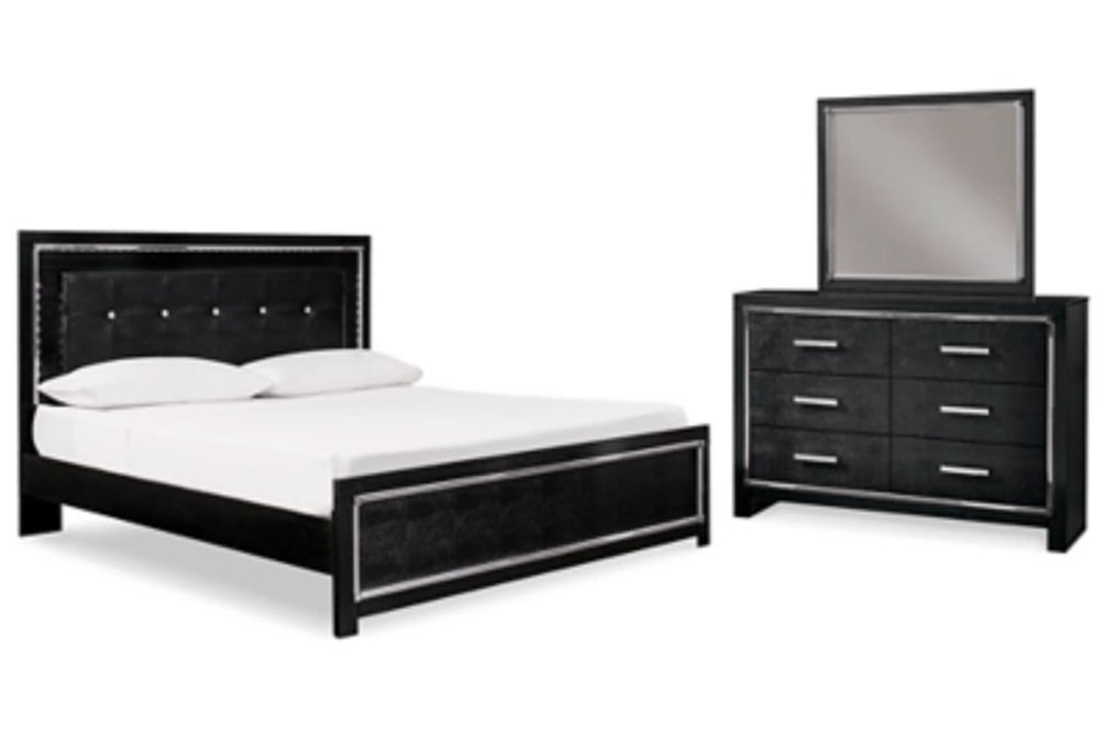 Kaydell King Upholstered Panel Bed, Dresser and Mirror-Black