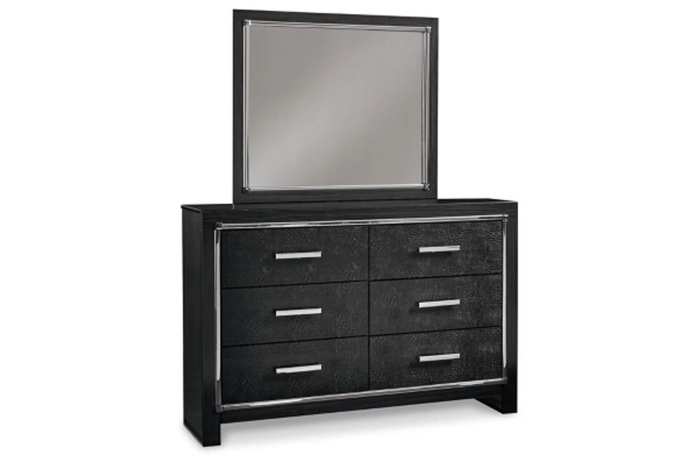 Kaydell Queen Upholstered Panel Bed, Dresser, Mirror and Chest-Black