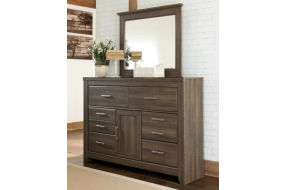 Juararo King Poster Bed, Dresser, Mirror, Chest and Nightstand-Dark Brown