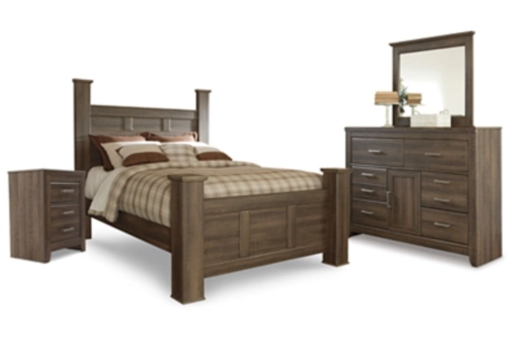 Juararo Queen Poster Bed with Mirrored Dresser and Nightstand-Dark Brown