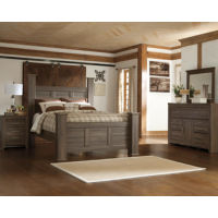 Juararo Queen Poster Bed with Mirrored Dresser and Nightstand-Dark Brown