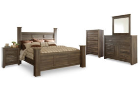 Juararo King Poster Bed, Dresser, Mirror, Chest and Nightstand-Dark Brown