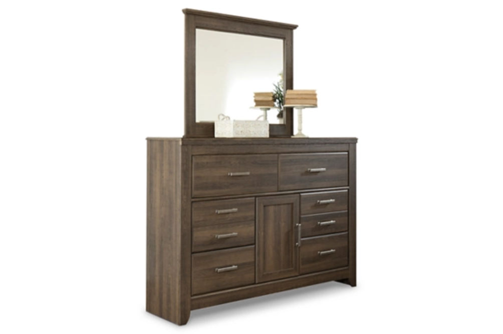 Juararo Queen Poster Bed with Mirrored Dresser and Nightstand-Dark Brown