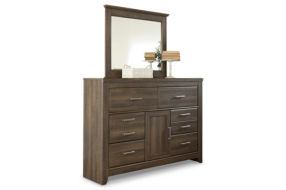 Juararo Queen Poster Bed with Mirrored Dresser and Nightstand-Dark Brown