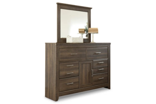 Juararo King Poster Bed, Dresser, Mirror and Nightstand-Dark Brown