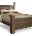 Juararo Queen Poster Bed with Mirrored Dresser and Nightstand-Dark Brown