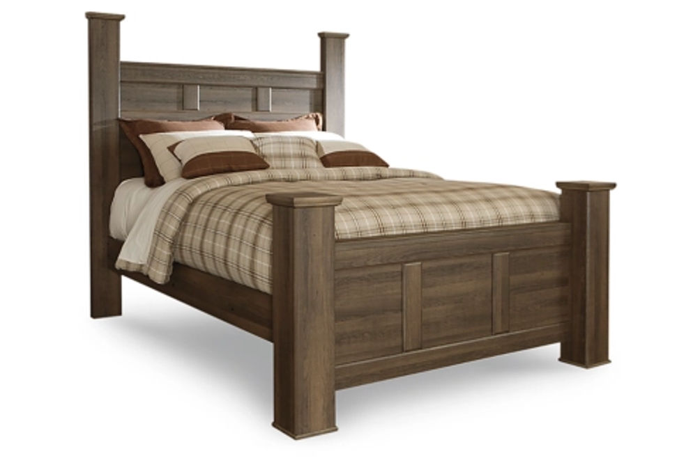 Juararo Queen Poster Bed with Mirrored Dresser and Nightstand-Dark Brown