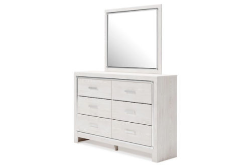 Altyra King Upholstered Panel Bed, Dresser, Mirror, and Nightstand-White