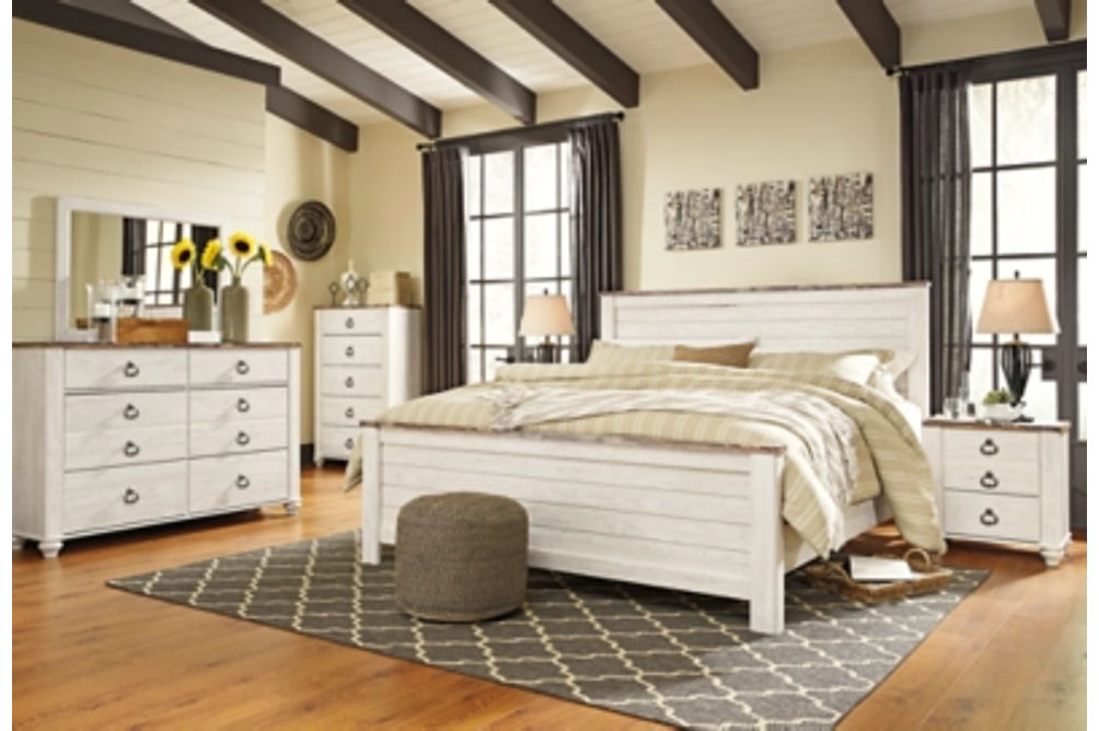 Willowton King Panel Bed, Dresser, Mirror, and Nightstand-Whitewash