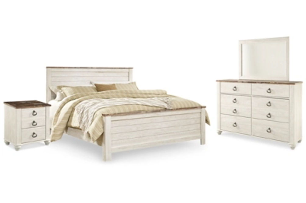 Willowton King Panel Bed, Dresser, Mirror, and Nightstand-Whitewash