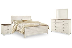 Willowton King Panel Bed, Dresser, Mirror, and Nightstand-Whitewash