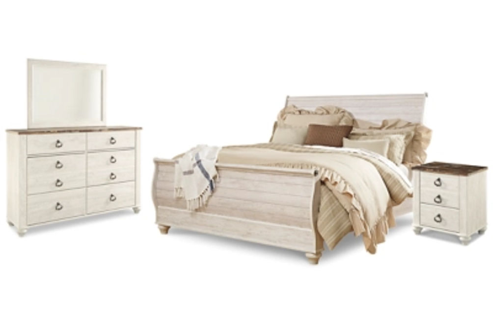 Willowton King Sleigh Bed, Dresser, Mirror and Nightstand-Whitewash