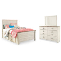 Willowton Full Panel Bed with Storage, Dresser and Mirror-Whitewash