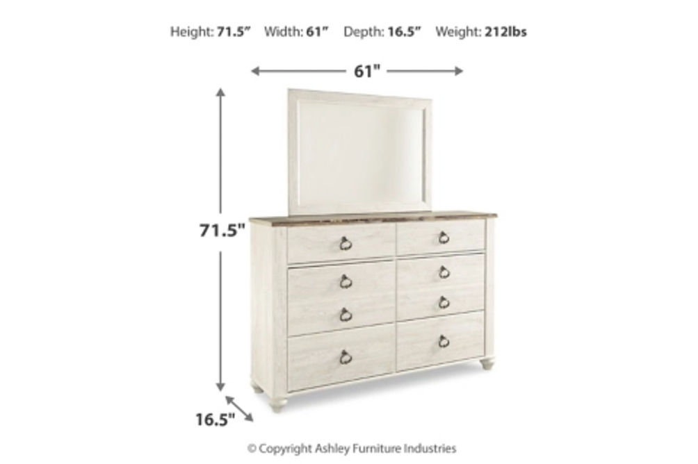 Willowton Full Panel Bed with Storage, Dresser and Mirror-Whitewash