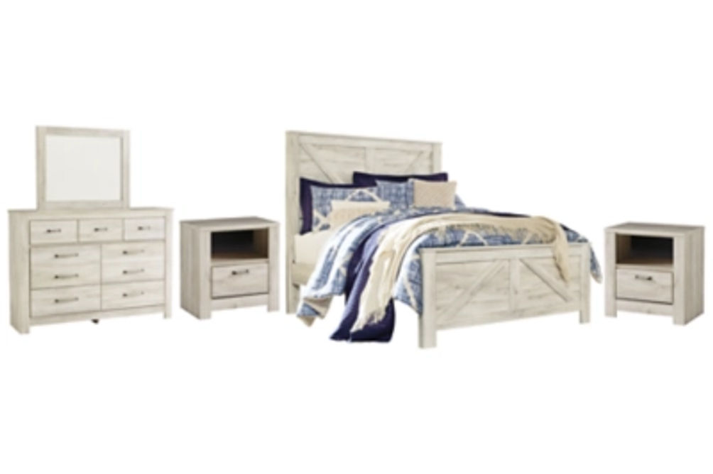 Bellaby Queen Crossbuck Panel Bed, Dresser, Mirror and 2 Nightstands-Whitewash