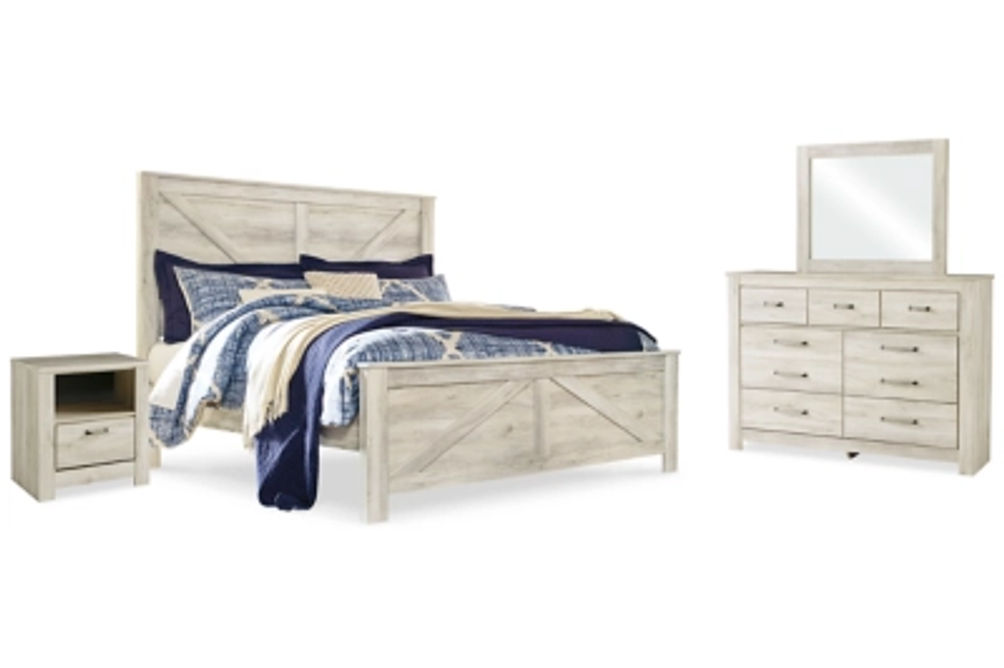 Bellaby King Crossbuck Panel Bed, Dresser, Mirror, and Nightstand-Whitewash