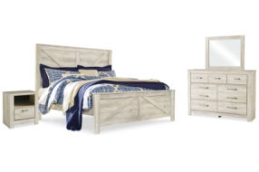 Bellaby King Crossbuck Panel Bed, Dresser, Mirror, and Nightstand-Whitewash