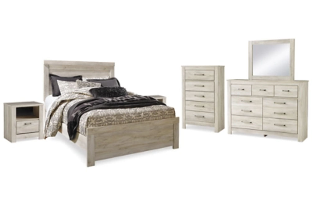 Bellaby Queen Panel Bed, Dresser, Mirror, Chest and 2 Nightstands-Whitewash