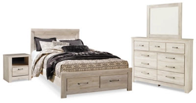 Bellaby Queen Panel Storage Bed, Dresser, Mirror and Nightstand-Whitewash