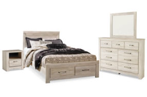 Bellaby Queen Panel Storage Bed, Dresser, Mirror and Nightstand-Whitewash