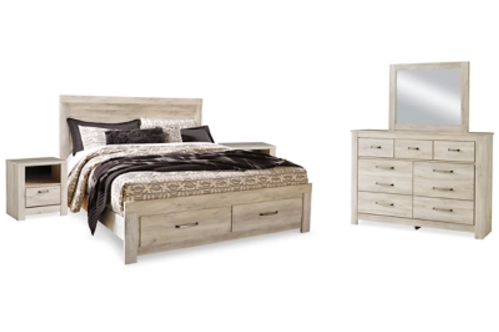 Bellaby King Panel Storage Bed, Dresser, Mirror and 2 Nightstands-Whitewash