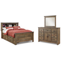Trinell Full Bookcase Bed with Storage with Mirrored Dresser-Brown