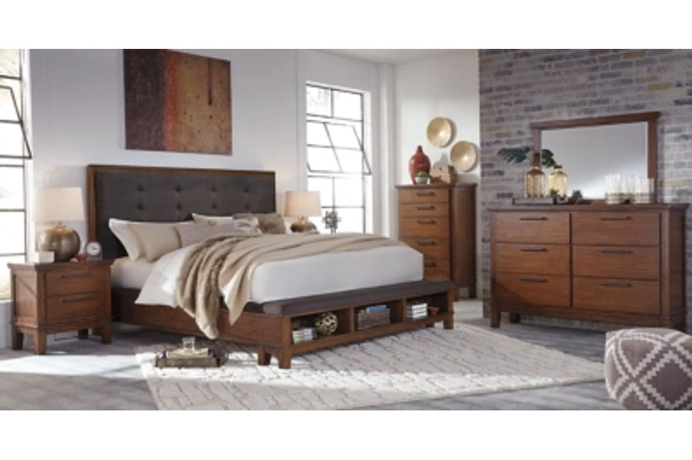 Ralene Queen Upholstered Storage Bed with Mirrored Dresser