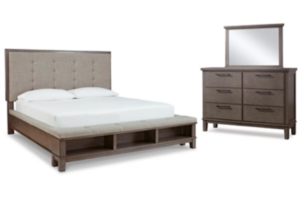 Benchcraft Hallanden King Panel Bed with Storage, Dresser and Mirror