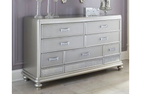 Coralayne Queen Upholstered Panel Bed, Dresser and Nightstand-Silver