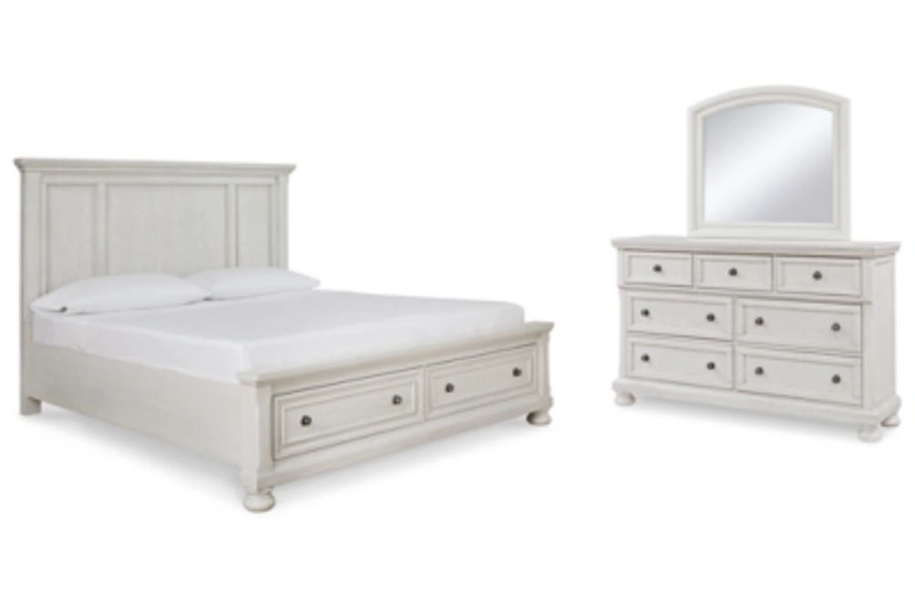 Robbinsdale King Panel Storage Bed, Dresser and Mirror-Antique White