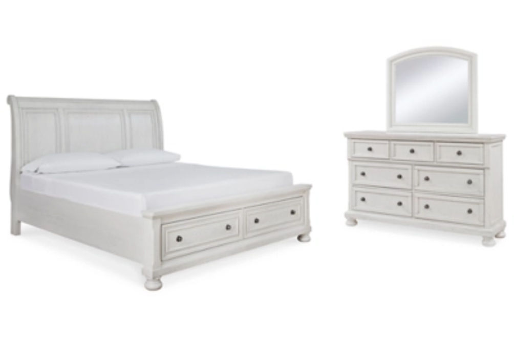 Robbinsdale King Sleigh Storage Bed, Dresser and Mirror-Antique White