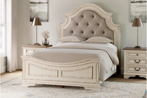 Realyn Queen Upholstered Panel Bed, Dresser, Mirror and 2 Nightstands-Two-tone