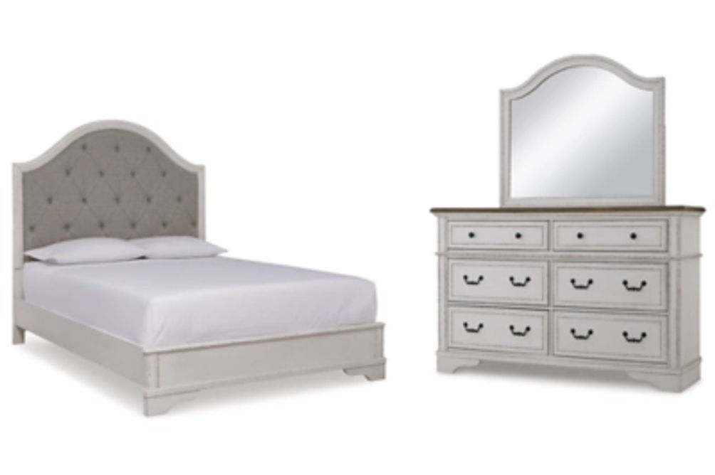 Brollyn Queen Upholstered Panel Bed, Dresser and Mirror-