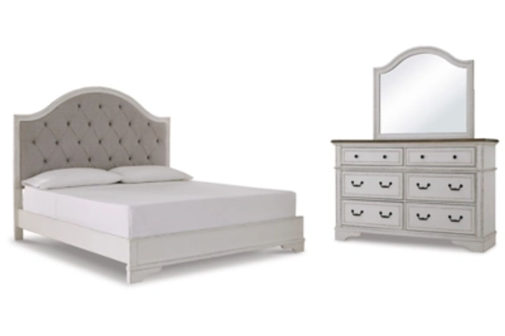 Brollyn California King Upholstered Panel Bed, Dresser and Mirror-