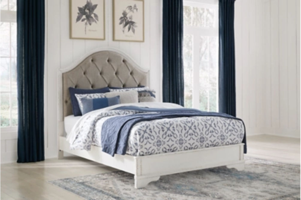 Brollyn Queen Upholstered Panel Bed, Dresser and Mirror-