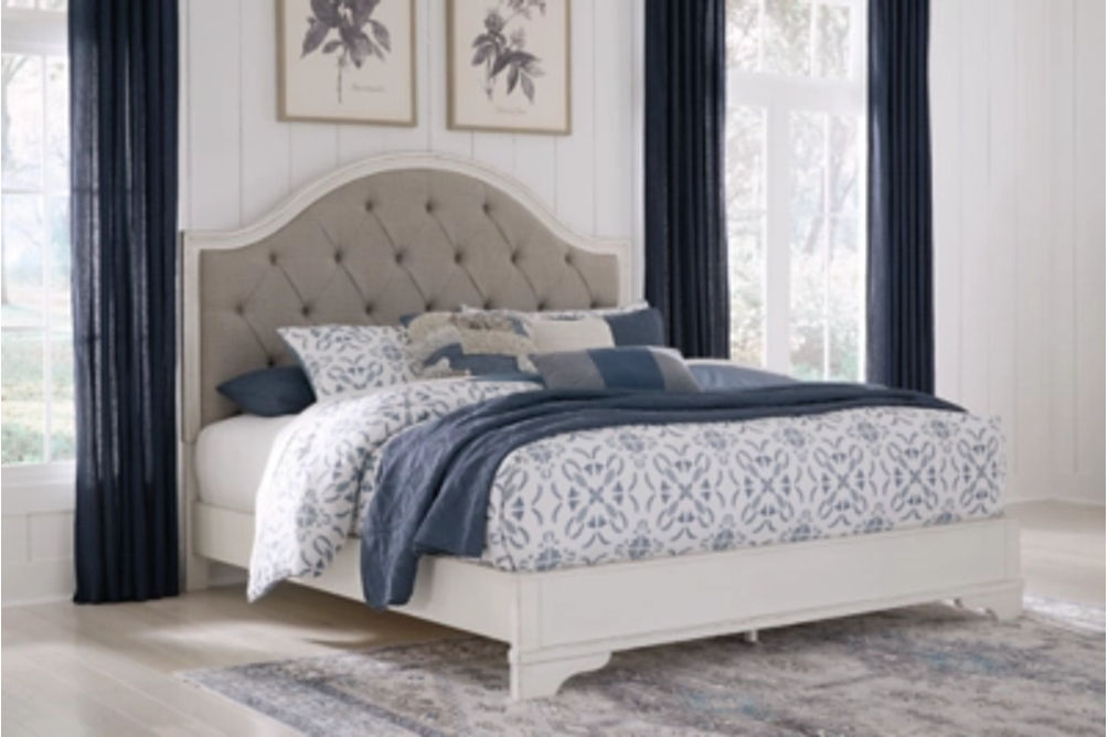 Brollyn King Upholstered Panel Bed, Dresser and Mirror-