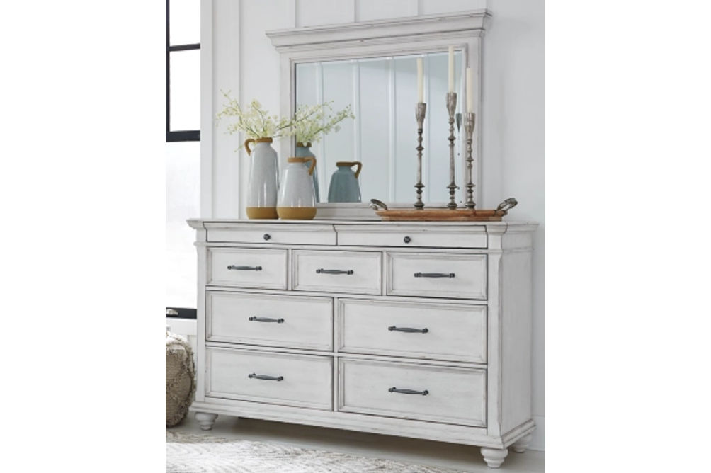 Kanwyn Queen Upholstered Panel Bed, Dresser, Mirror, and Nightstand-Whitewash