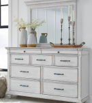 Kanwyn Queen Upholstered Panel Bed, Dresser, Mirror, and Nightstand-Whitewash