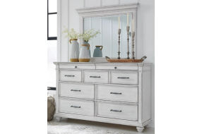 Kanwyn Queen Upholstered Panel Bed, Dresser, Mirror, and Nightstand-Whitewash