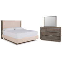 Anibecca Queen Upholstered Panel Bed, Dresser and Mirror-