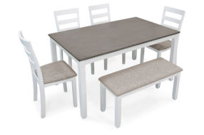 Stonehollow Dining Table and Chairs with Bench (Set of 6)-White/Gray