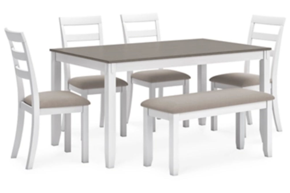 Stonehollow Dining Table and Chairs with Bench (Set of 6)-White/Gray