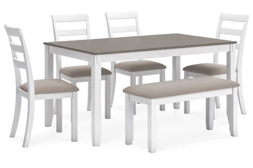 Stonehollow Dining Table and Chairs with Bench (Set of 6)-White/Gray