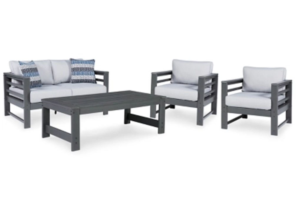 Signature Design by Ashley Amora Outdoor Loveseat, 2 Lounge Chairs and Coffee