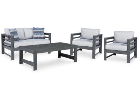 Signature Design by Ashley Amora Outdoor Loveseat, 2 Lounge Chairs and Coffee