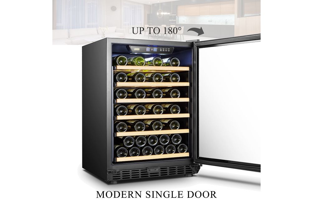 Lanbo - 24 Inch 51 Bottle Stainless Steel Single Zone Wine Fridge with Beech Wood Shelves and Doubl