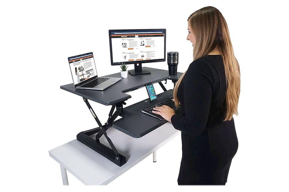 Victor - Adjustable Standing Desk Convertor with Keyboard Tray - Charcoal Gray And Black