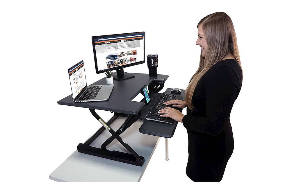Victor - High Rise Height Adjustable Standing Desk Convertor with Keyboard Tray - Charcoal Gray And